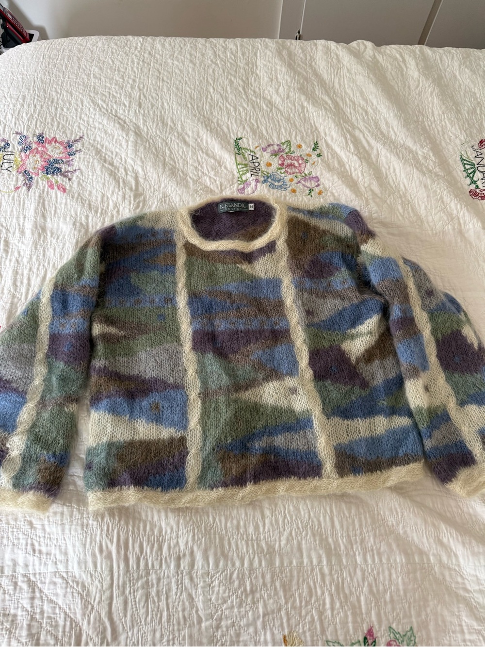 Vintage Icelandic Design Multicolor Mohair Crewneck Sweater - Blue/Green/Cream